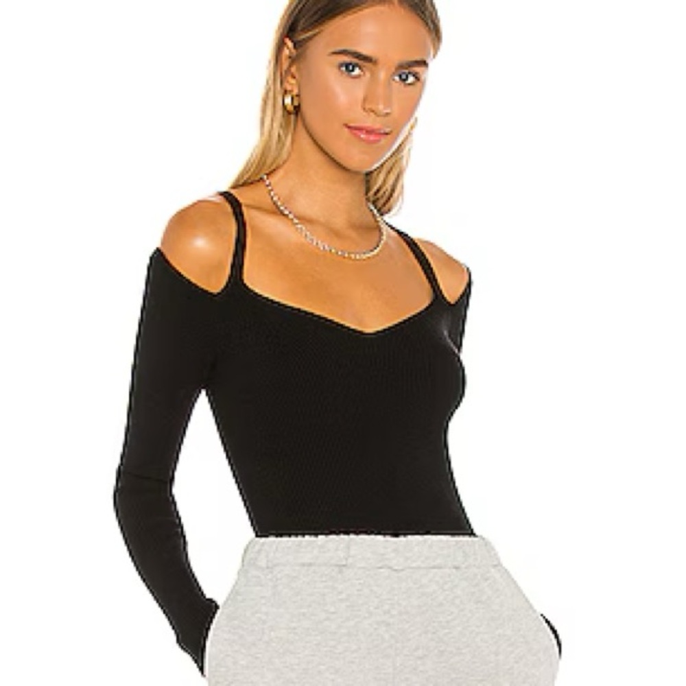 h:ours Black Cold-Shoulder V-Neck Ribbed Sweater